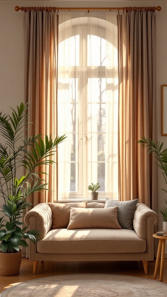 A cozy therapy office with neutral velvet curtains and a soft sofa, creating a soothing atmosphere.