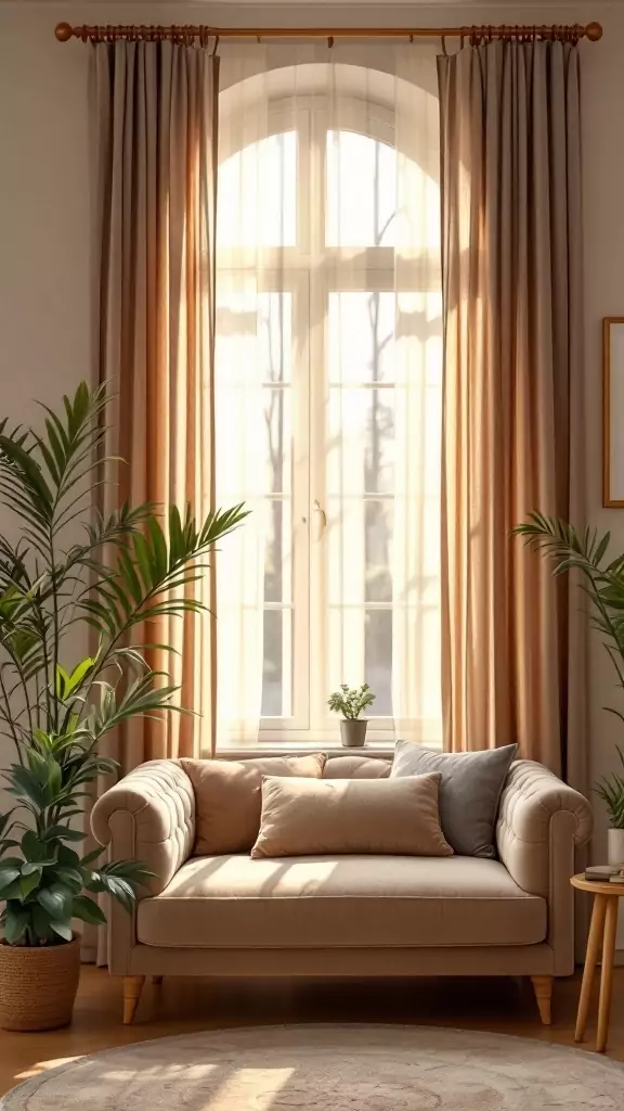 A cozy therapy office with neutral velvet curtains and a soft sofa, creating a soothing atmosphere.