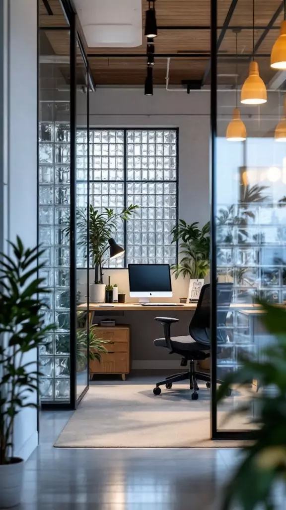Office cabin featuring glass block dividers and a modern desk setup.