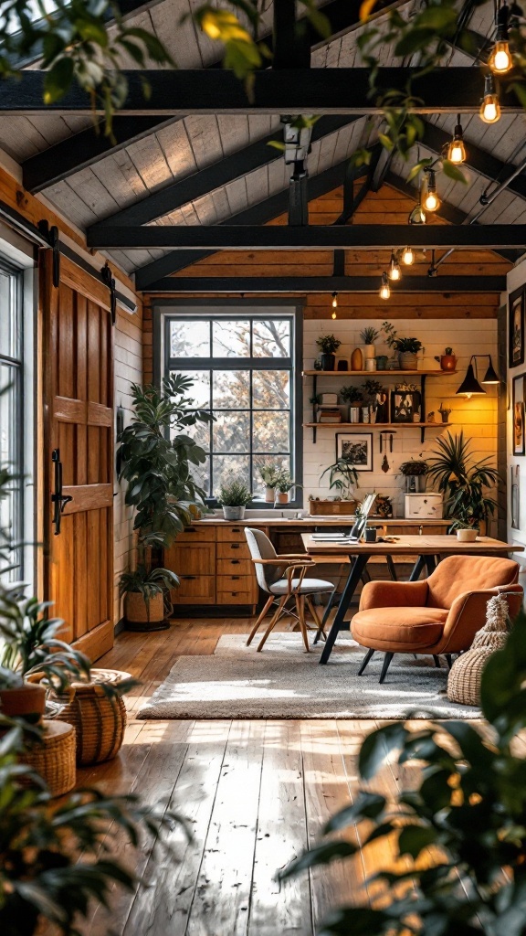 Cozy office cabin featuring sliding barn doors and modern design elements.