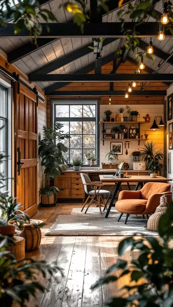 Cozy office cabin featuring sliding barn doors and modern design elements.