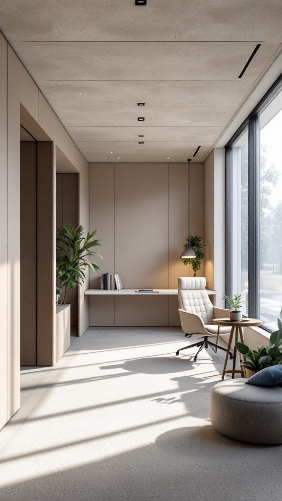 Modern office cabin interior with soundproof acoustic panels, featuring plants and a cozy chair.