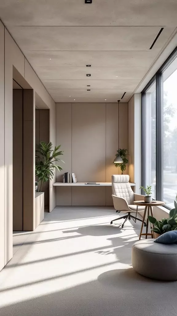 Modern office cabin interior with soundproof acoustic panels, featuring plants and a cozy chair.