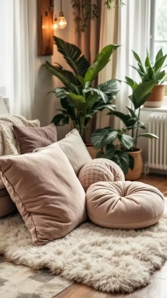 A cozy therapy office with oversized floor pillows and plants.