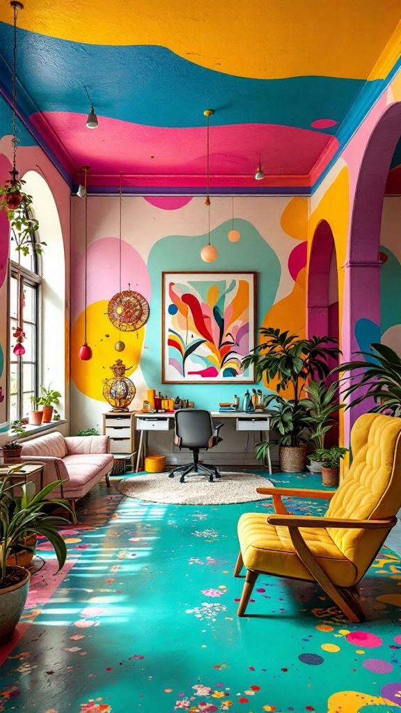 A colorful and eclectic office with a bold ceiling design.