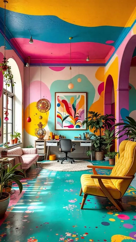 A colorful and eclectic office with a bold ceiling design.