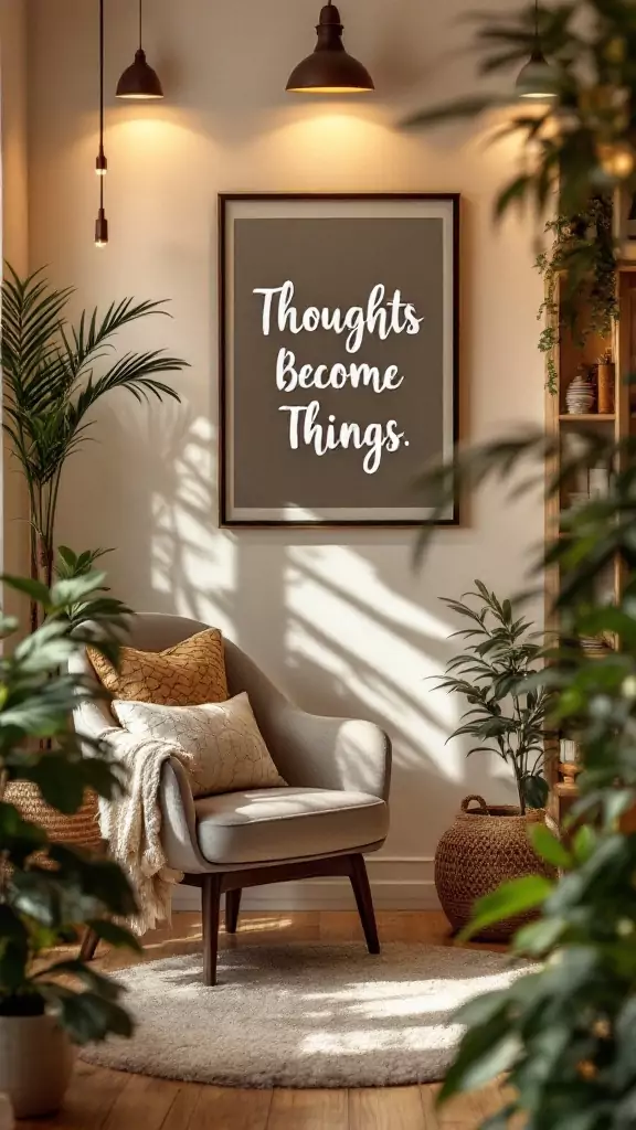 Cozy therapy office with a framed quote and plants.