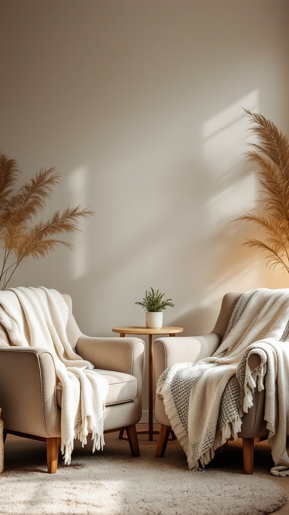 Two plush armchairs with throw blankets and a small plant on a table, creating a cozy therapy office atmosphere.