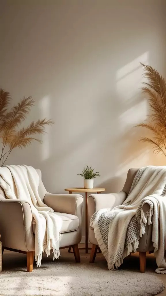 Two plush armchairs with throw blankets and a small plant on a table, creating a cozy therapy office atmosphere.