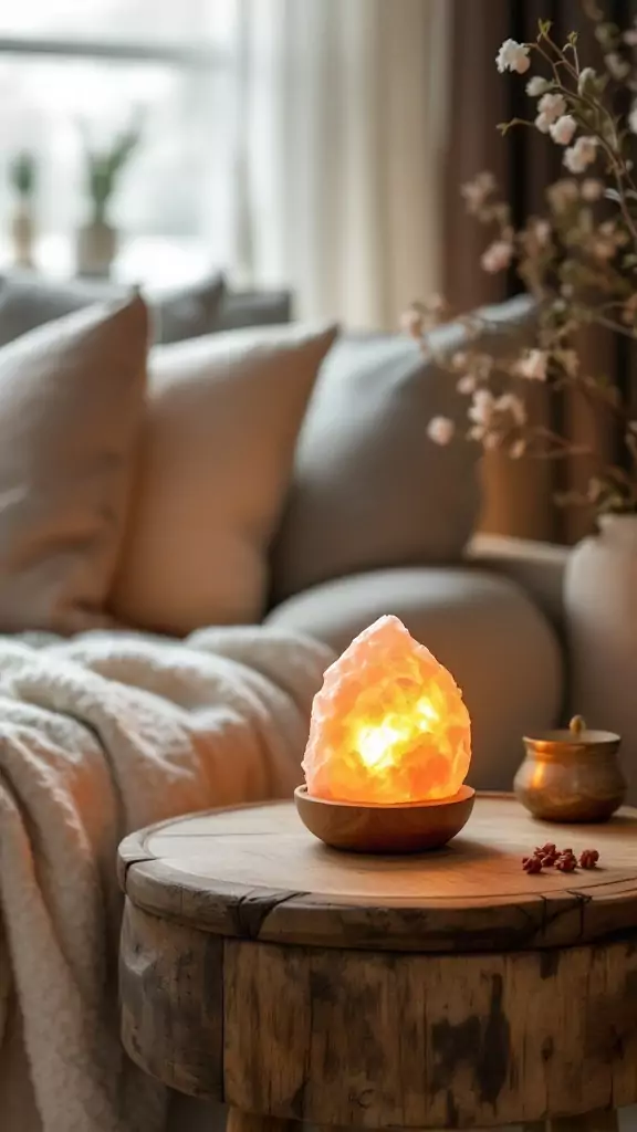 A cozy therapy office featuring a salt lamp on a wooden side table, surrounded by plush pillows and a soft blanket.