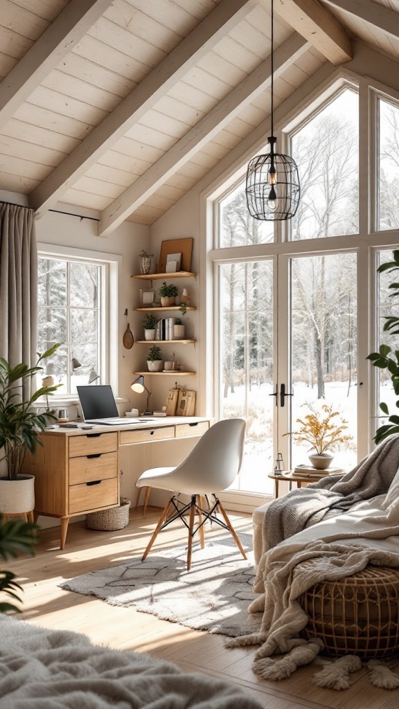 Scandinavian office cabin interior with natural light and soft neutral colors.