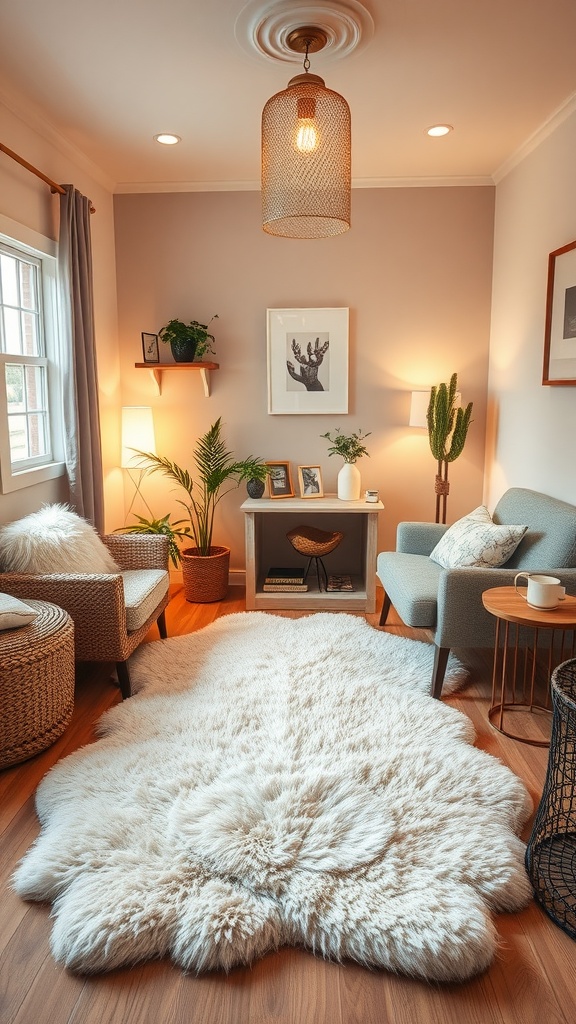 A cozy therapy office featuring a soft sheepskin rug, comfortable seating, and soothing decor.