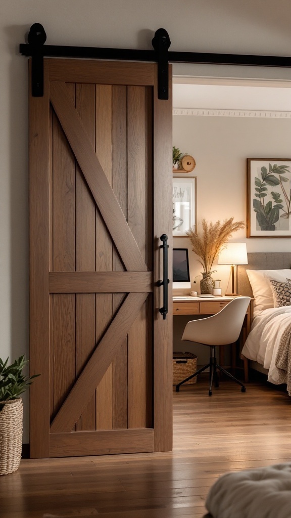 A sliding barn door partially open, revealing a workstation in a cozy bedroom setting.