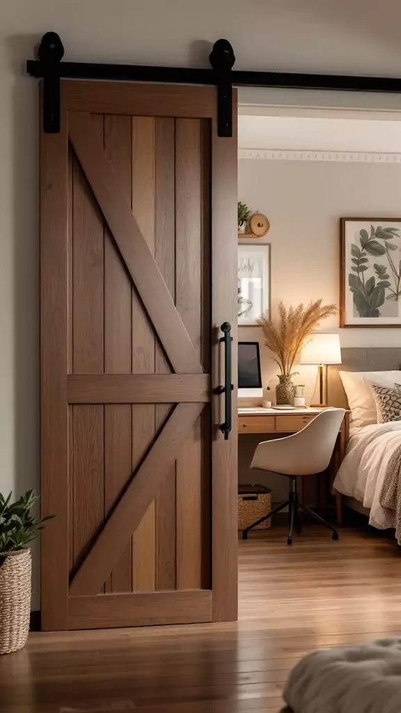 A sliding barn door partially open, revealing a workstation in a cozy bedroom setting.