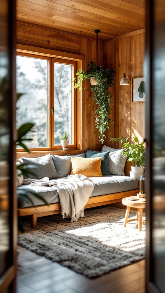 Cozy office cabin interior featuring a daybed, plants, and wooden decor.