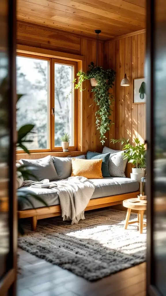 Cozy office cabin interior featuring a daybed, plants, and wooden decor.