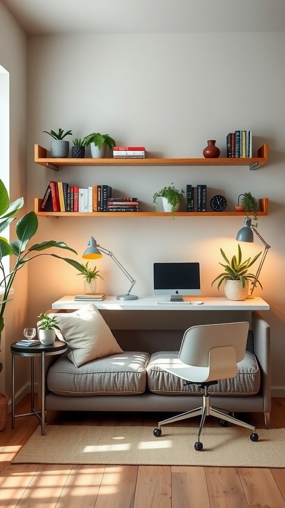 Stylish sofa bed with floating shelves above a desk in a cozy room.