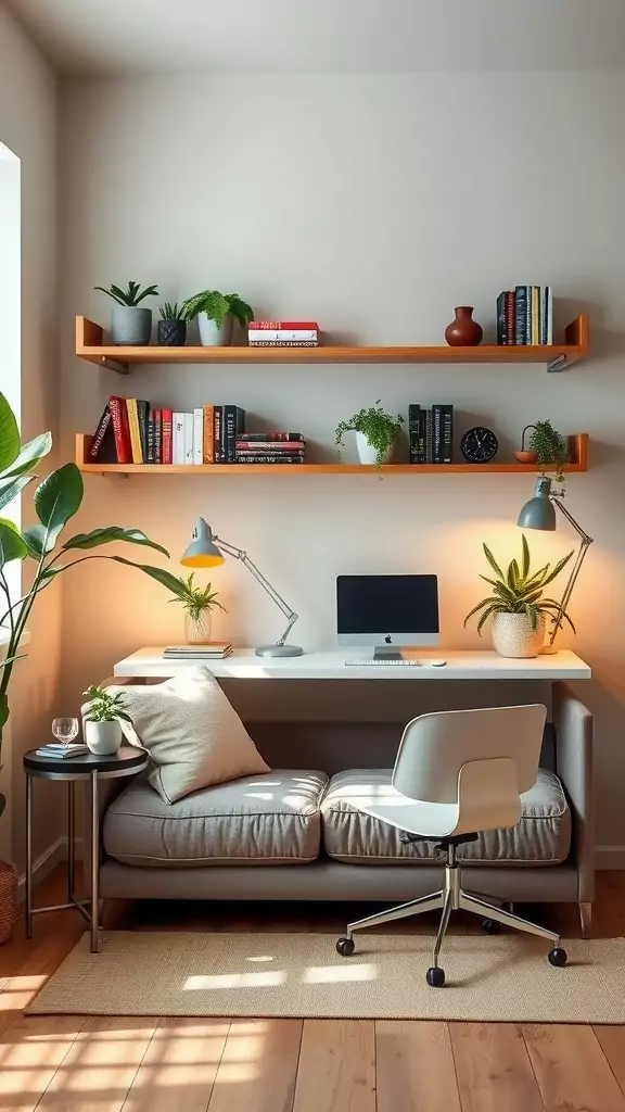 Stylish sofa bed with floating shelves above a desk in a cozy room.