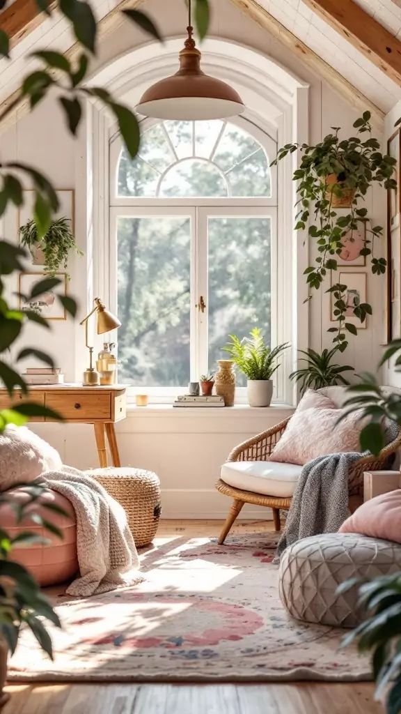 A soft-feminine office cabin with blush decor and brass accents, featuring plants and natural light.