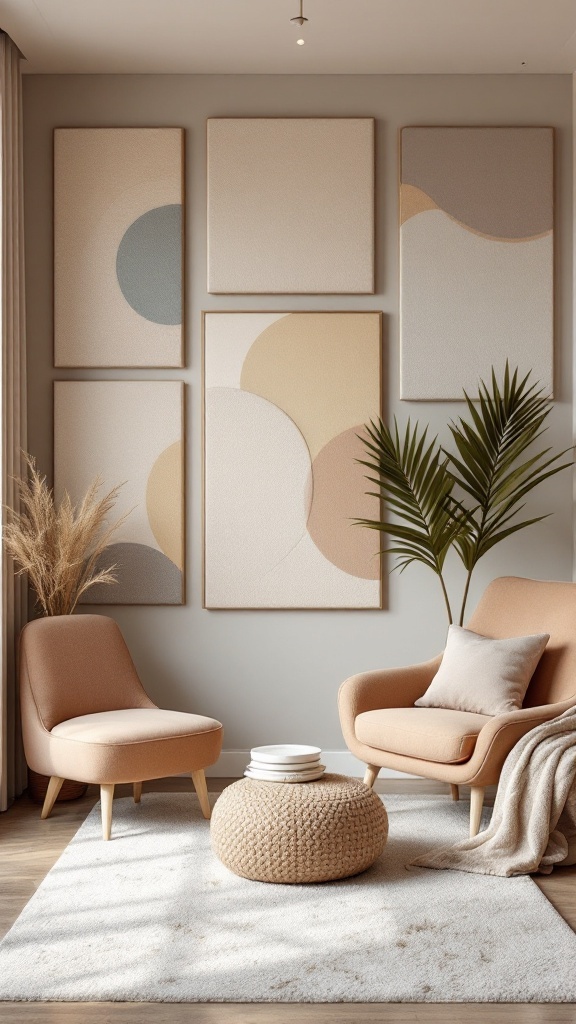 A cozy therapy office featuring soft acoustic panels as wall art, with warm colors and comfortable seating.