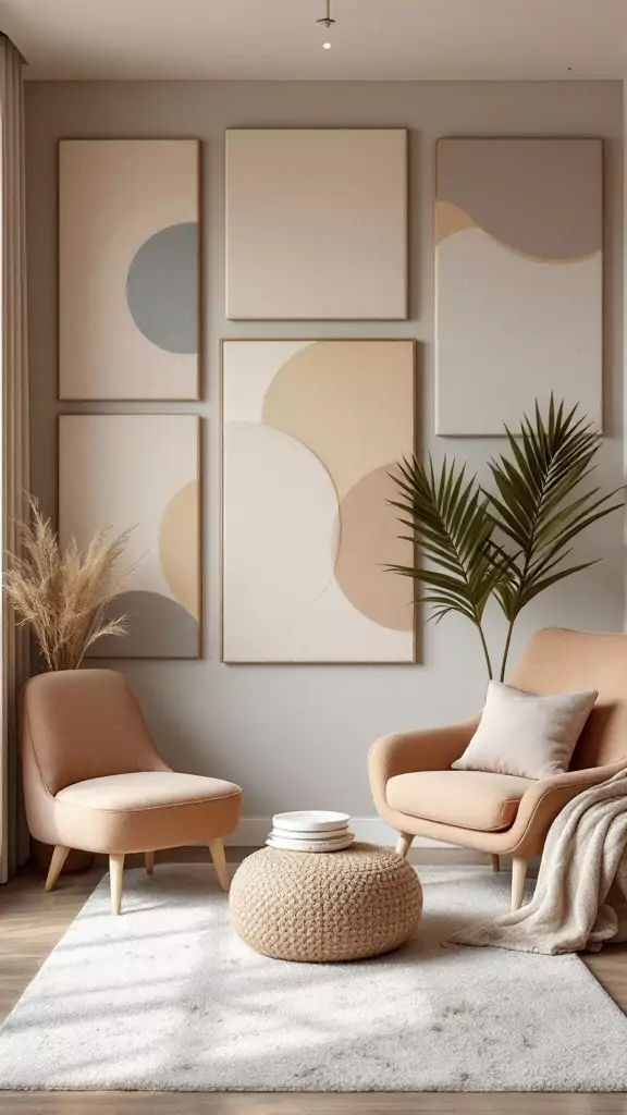 A cozy therapy office featuring soft acoustic panels as wall art, with warm colors and comfortable seating.