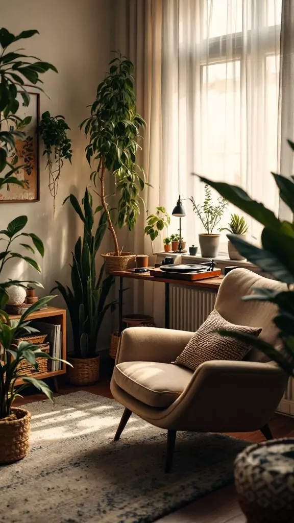 A cozy therapy office with a comfortable chair, plants, and soft lighting.