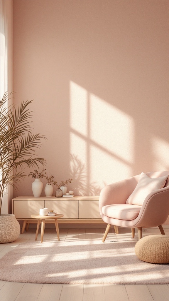 A soft, cozy office space with light pink walls and comfortable furniture, designed to promote a calming environment.