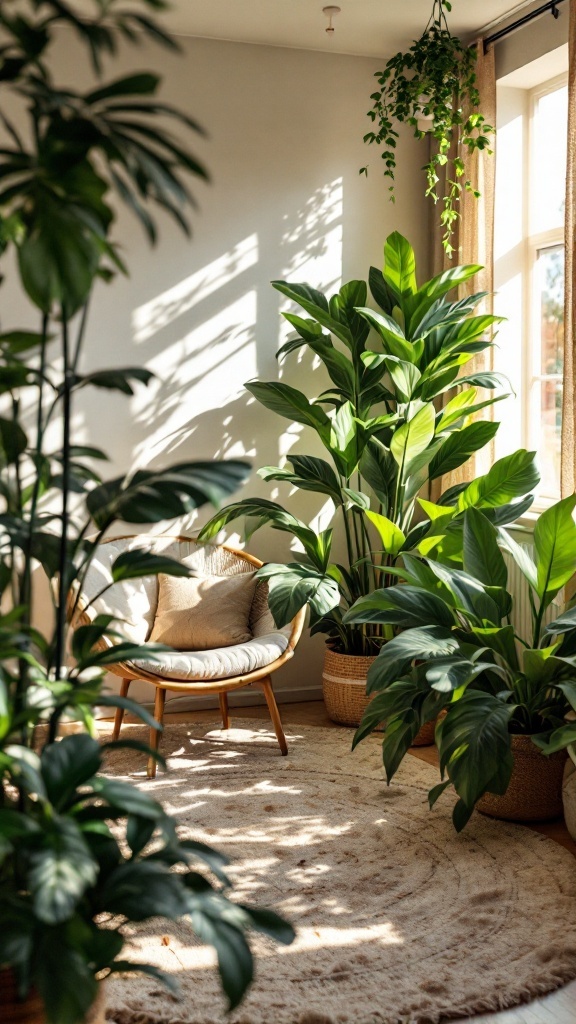 A cozy therapy office with large floor plants and a comfortable chair.