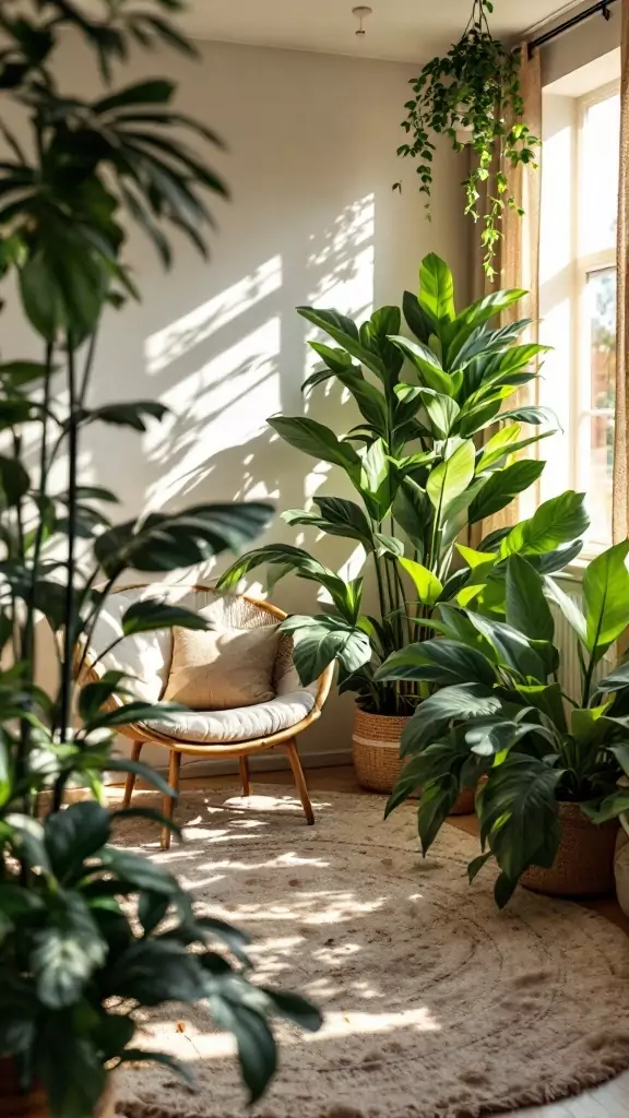 A cozy therapy office with large floor plants and a comfortable chair.