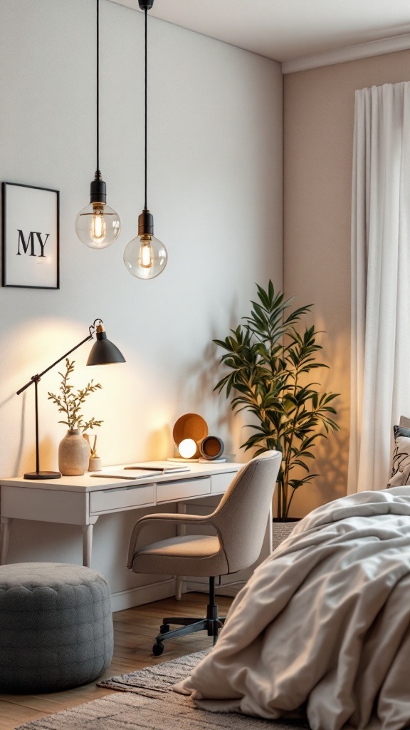 Stylish office and bedroom combo with modern lighting