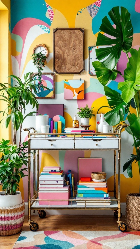 A vintage bar cart filled with colorful books and decorative items in a vibrant office space.