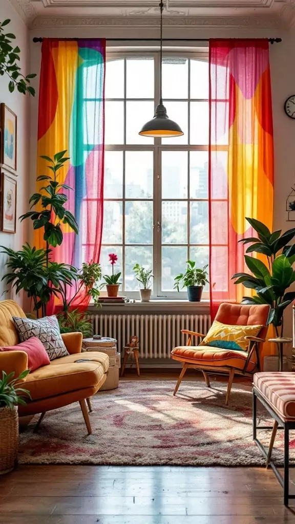 Bright and colorful curtains in an eclectic home office setting.