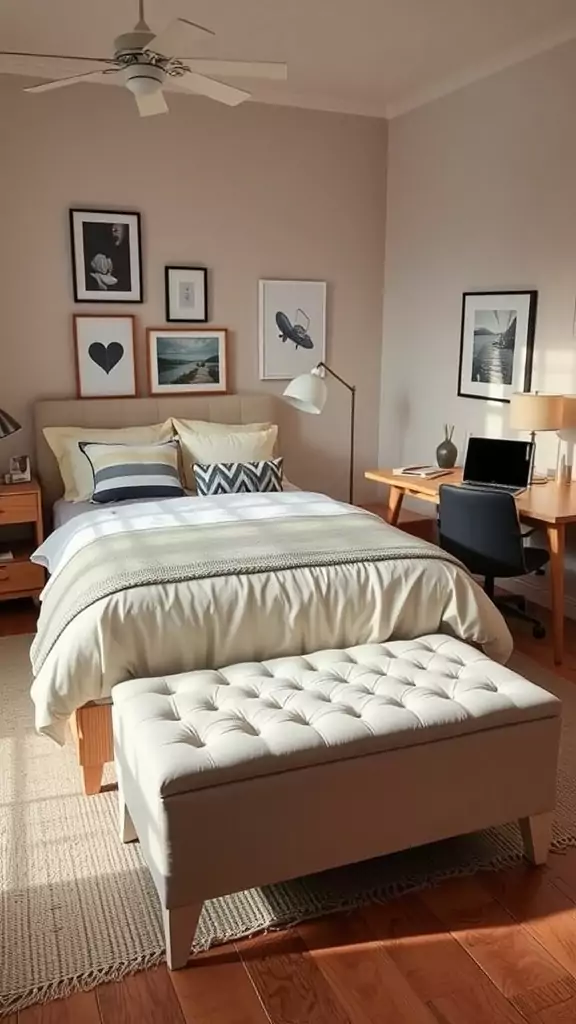 A stylish storage bench at the foot of a bed in a cozy bedroom setting.