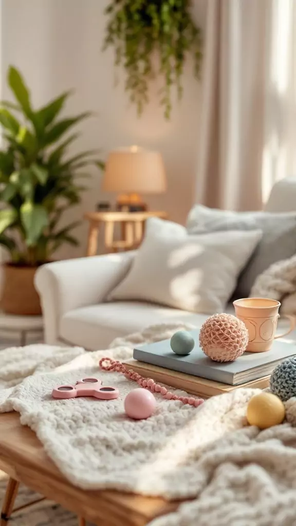A cozy therapy office with tactile fidgeting objects like a fidget spinner, stress balls, and textured toys on a knitted blanket.