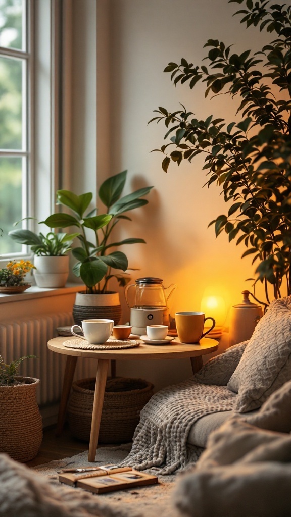 A cozy tea station with mugs and herbal options in a relaxing therapy office.