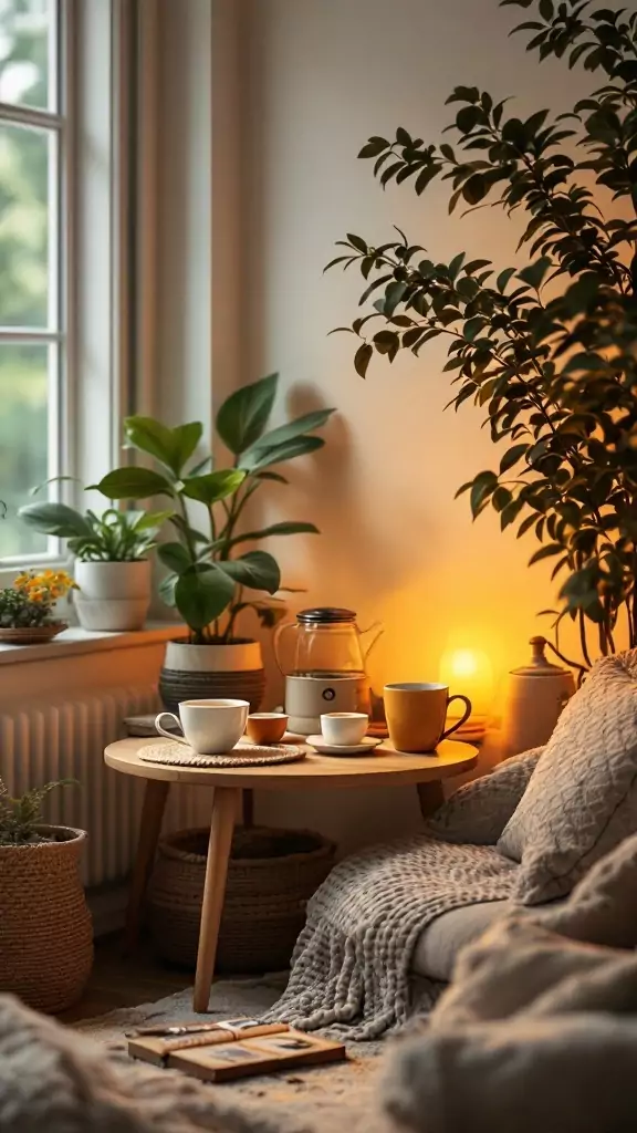 A cozy tea station with mugs and herbal options in a relaxing therapy office.