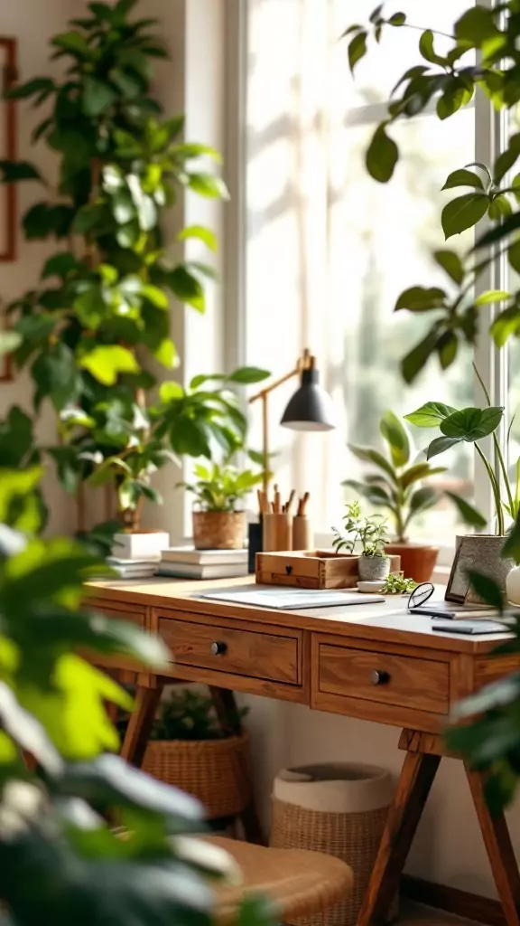 A wooden desk with an organizer and plants, creating a cozy work space.
