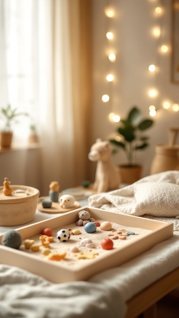 A cozy therapy office with therapy toys and a sand tray in soft colors.
