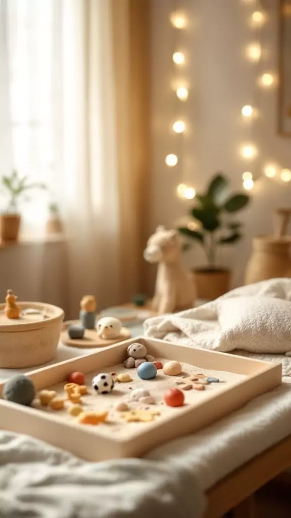 A cozy therapy office with therapy toys and a sand tray in soft colors.