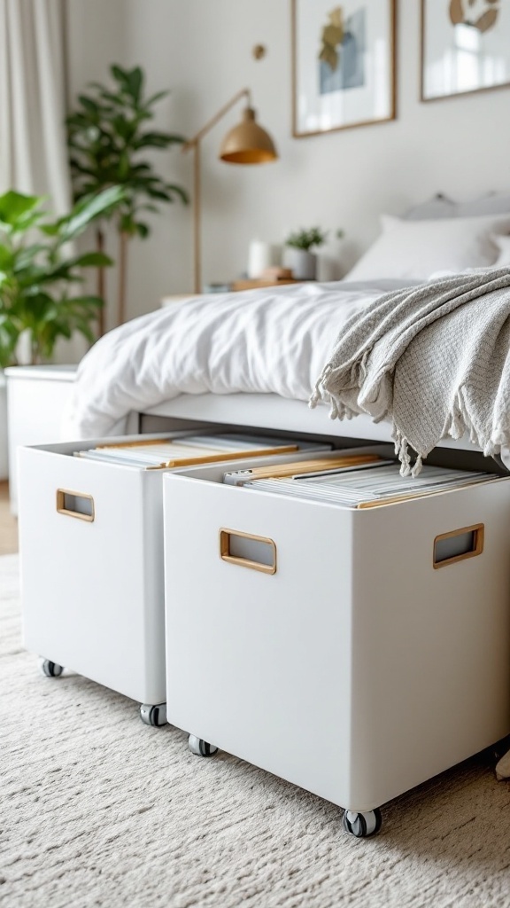 Under-bed rolling file storage boxes in a stylish bedroom setting.