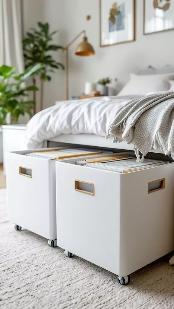 Under-bed rolling file storage boxes in a stylish bedroom setting.