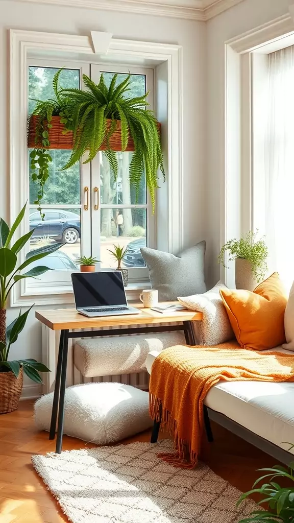 Cozy daybed under a window with plants and a small wooden stool.