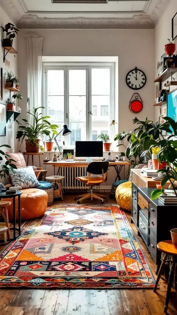 A cozy eclectic office featuring a colorful patterned rug, plants, and stylish furniture.