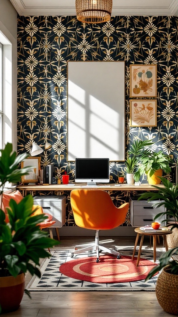 Cozy eclectic home office with bold floral wallpaper and stylish decor.