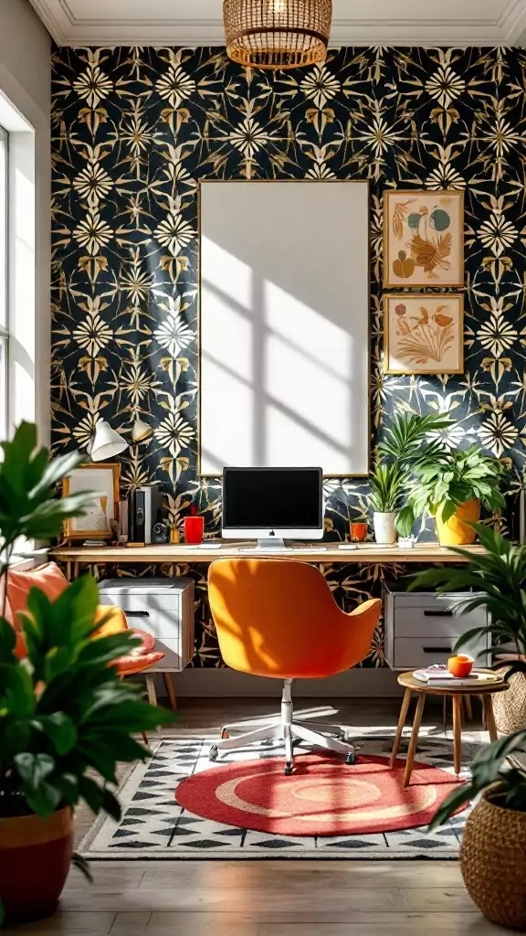 Cozy eclectic home office with bold floral wallpaper and stylish decor.