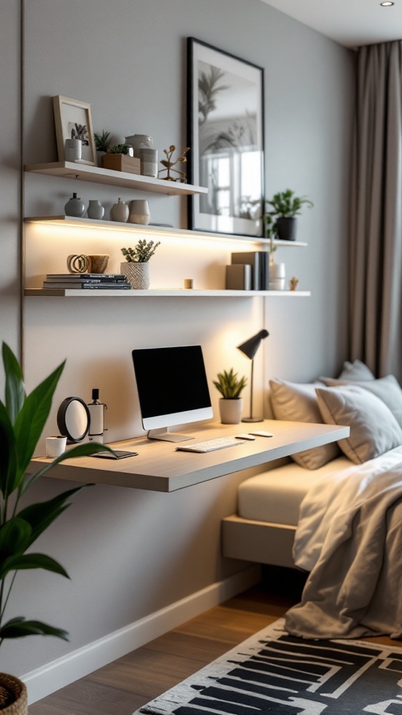 A modern wall-mounted fold-out desk with shelves in a stylish bedroom.