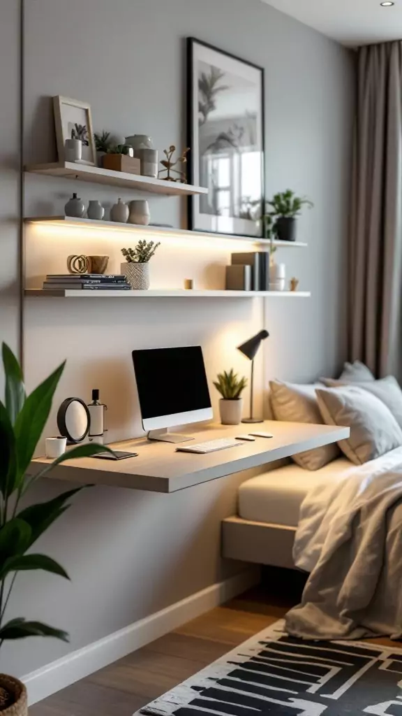 A modern wall-mounted fold-out desk with shelves in a stylish bedroom.