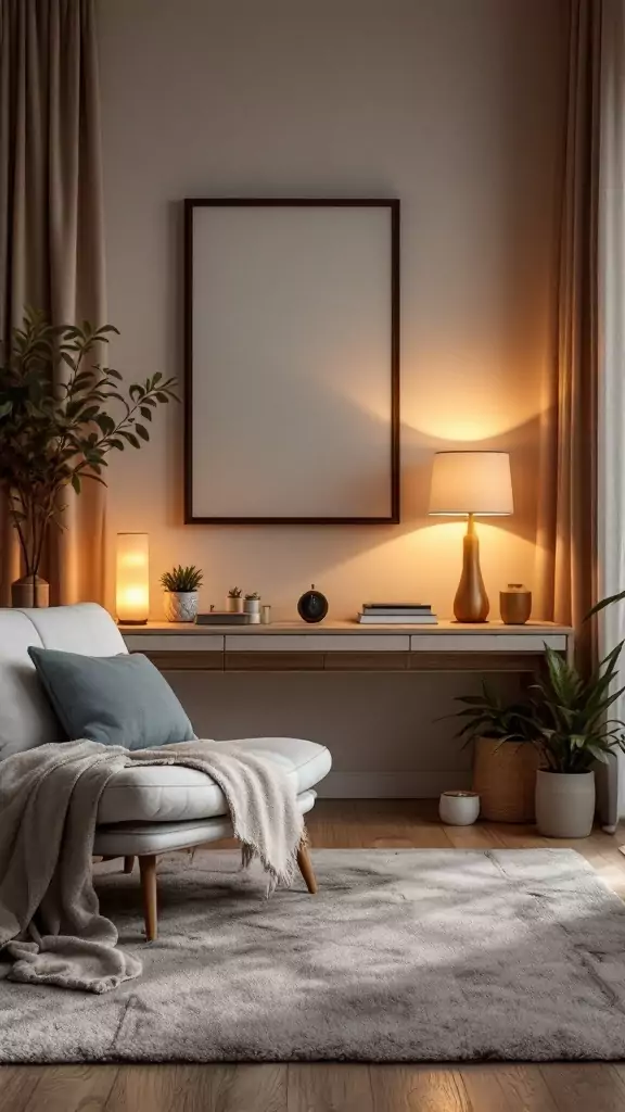 A cozy therapy office with warm lighting from floor and table lamps, featuring a chair, blanket, and plants.