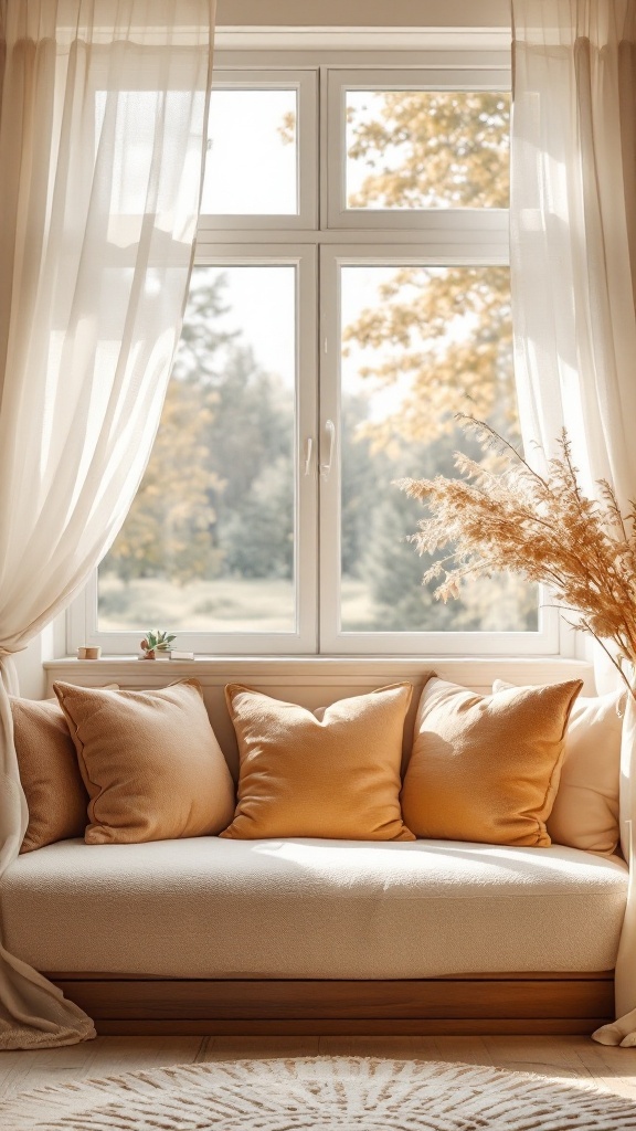 Cozy window seat with soft cushions and light curtains in a calming office space.