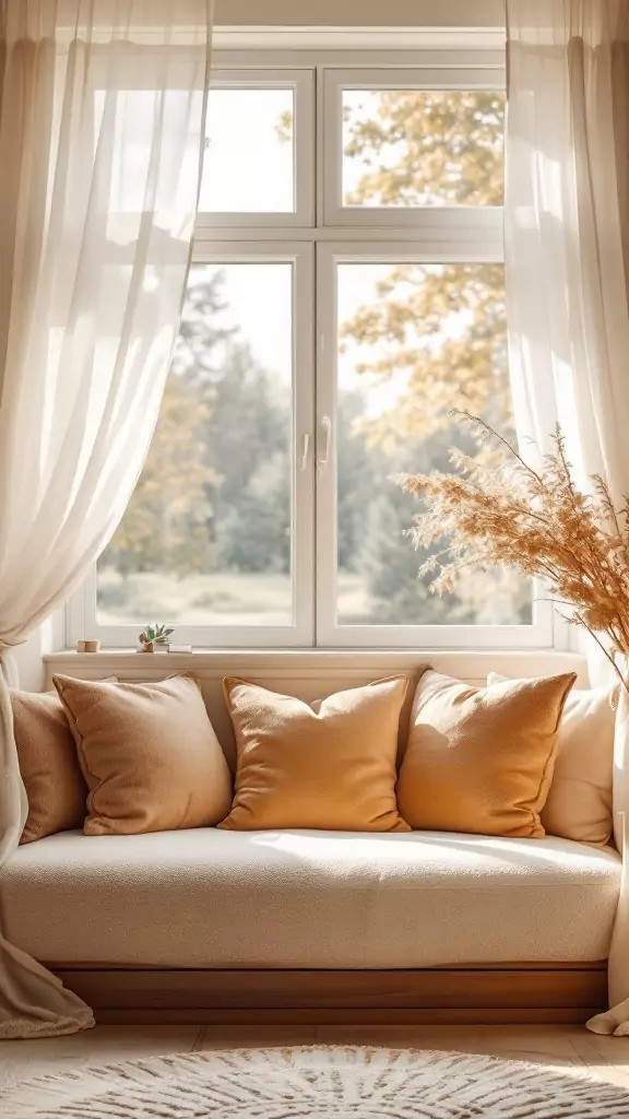 Cozy window seat with soft cushions and light curtains in a calming office space.